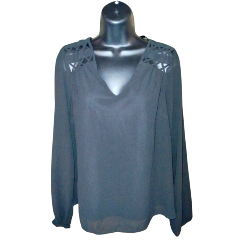 Monteau black blouse sheer over lining, size M, sheer long sleeves
